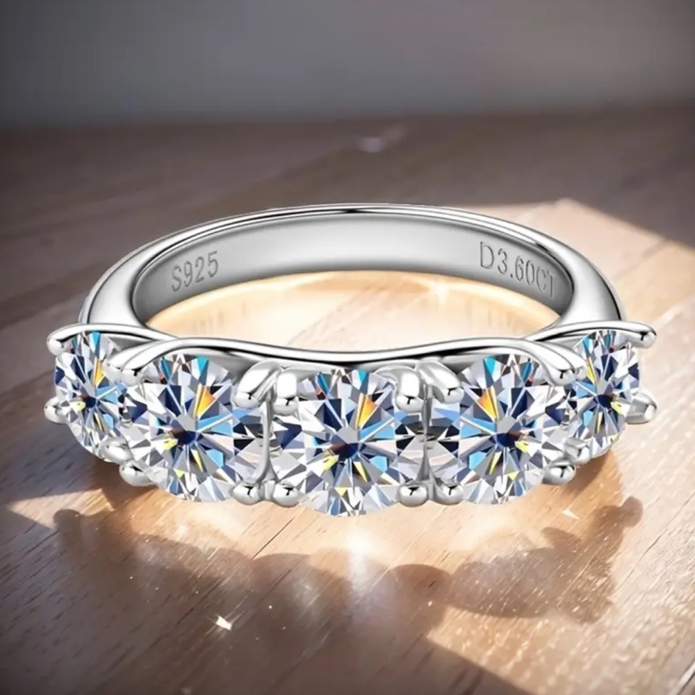 Brilliant 5 Moissanite Gemstone Sterling Silver Ring 3.2ctw - Picture 7 of 7